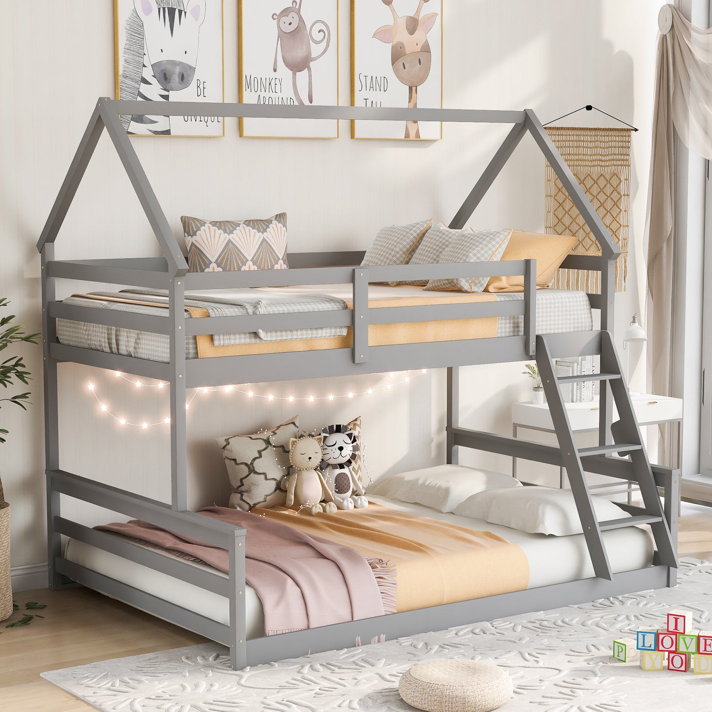 Gray Twin over Full House Bunk Bed with Loft Ladder