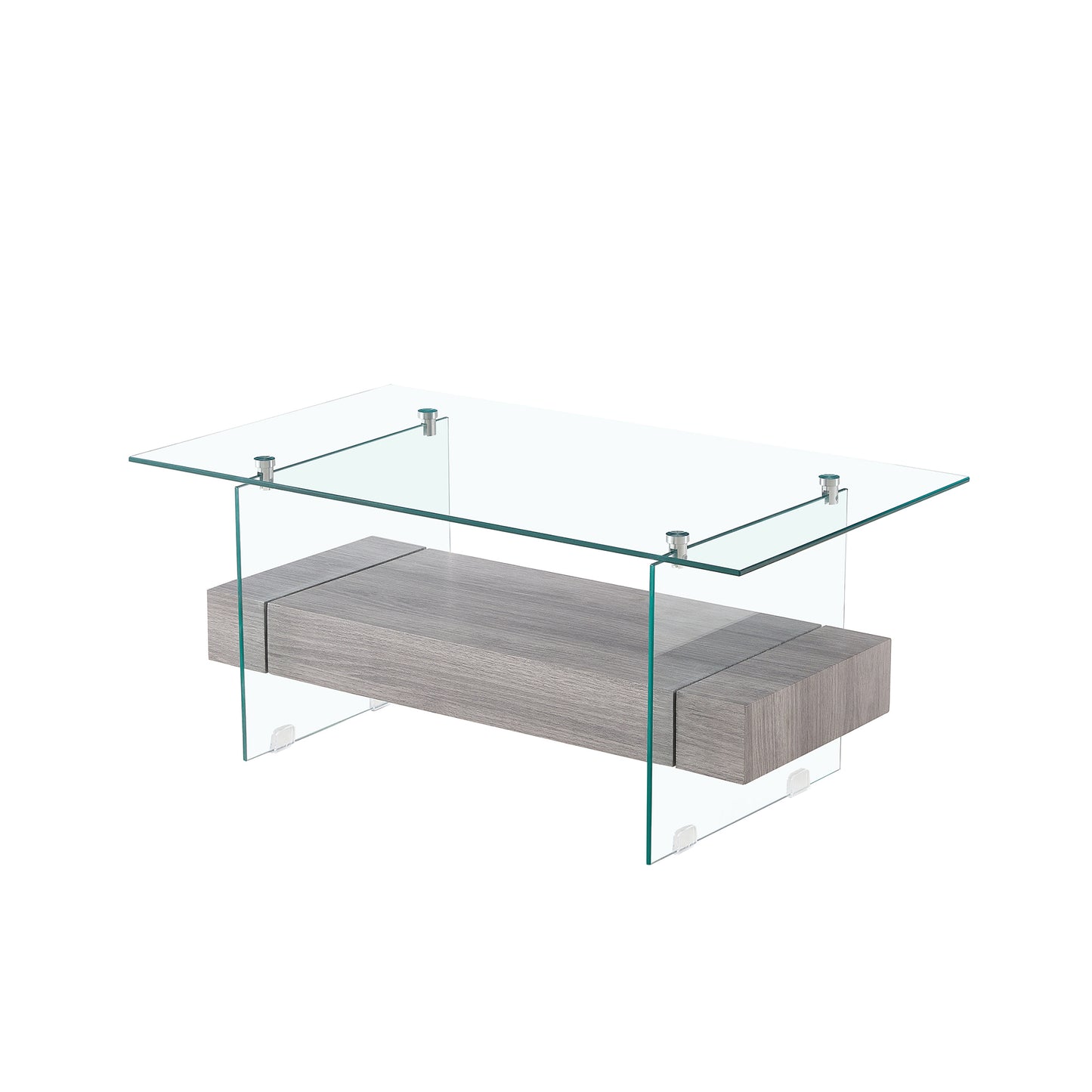 Modern Gray and Transparent Tempered Glass Coffee Table with Storage功能 and Non-Slip Legs