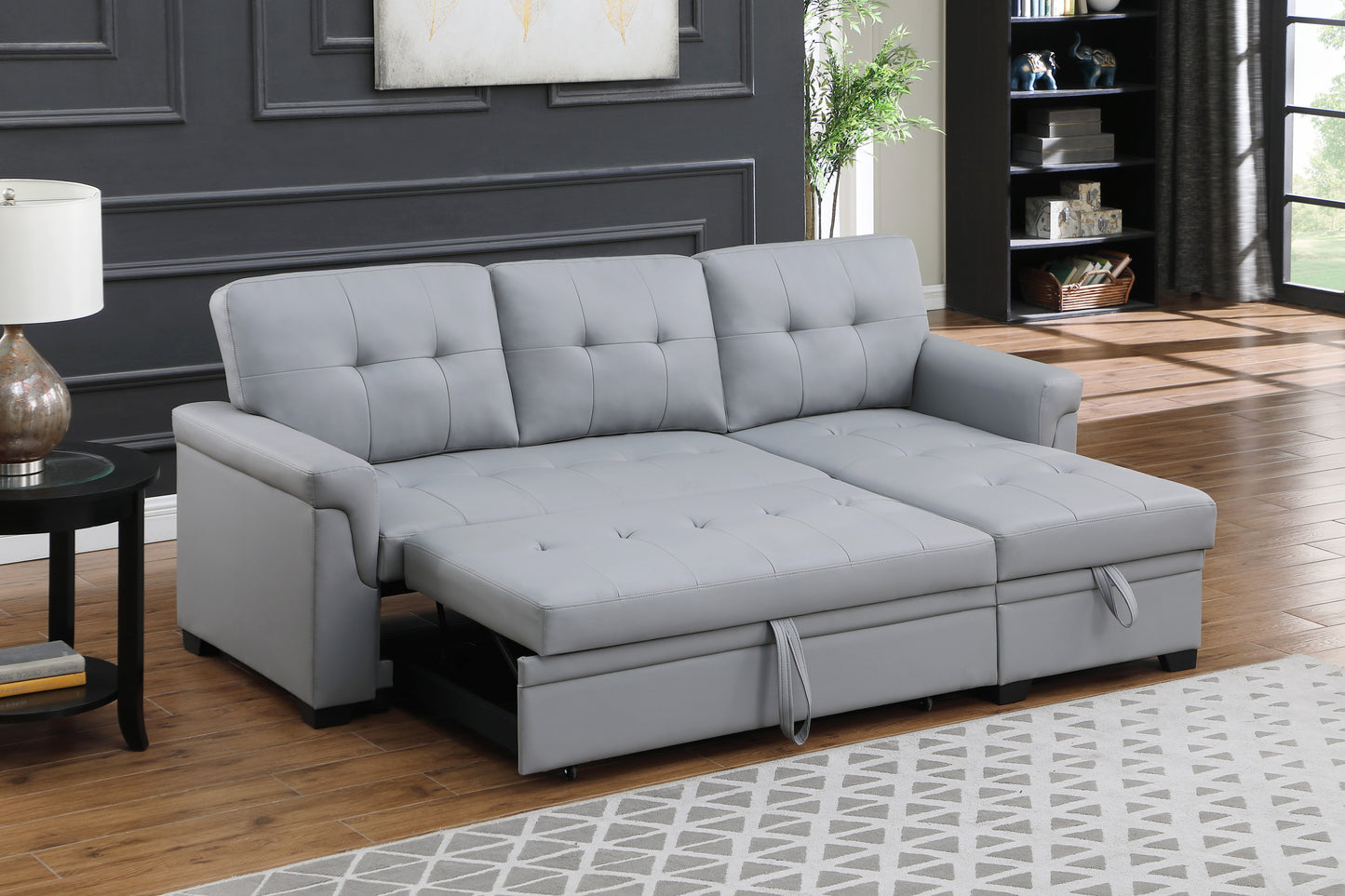 Gray Vegan Leather Sleeper Sectional Sofa with Chaise and Storage