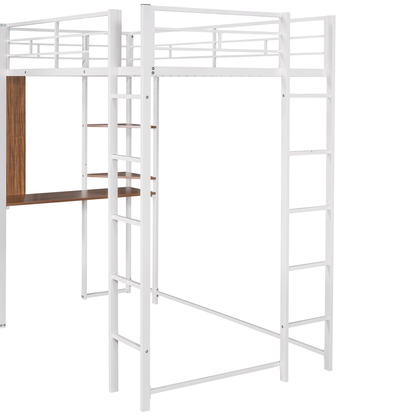 Twin Metal Loft Bed with 2 Shelves and one Desk ,WHITE(: MF281206AAK)