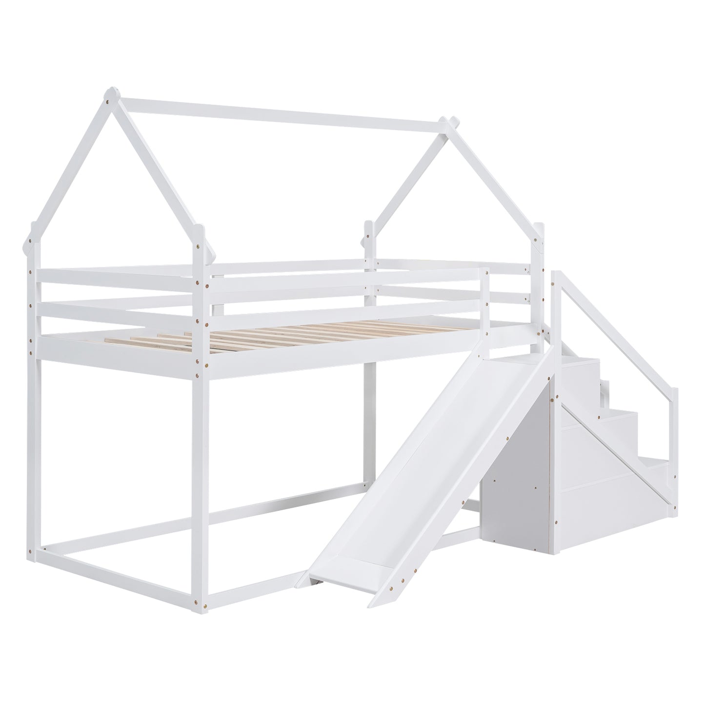 White Twin over Twin House Loft Bunk Bed with Slide, Staircase, Storage, and Play Area