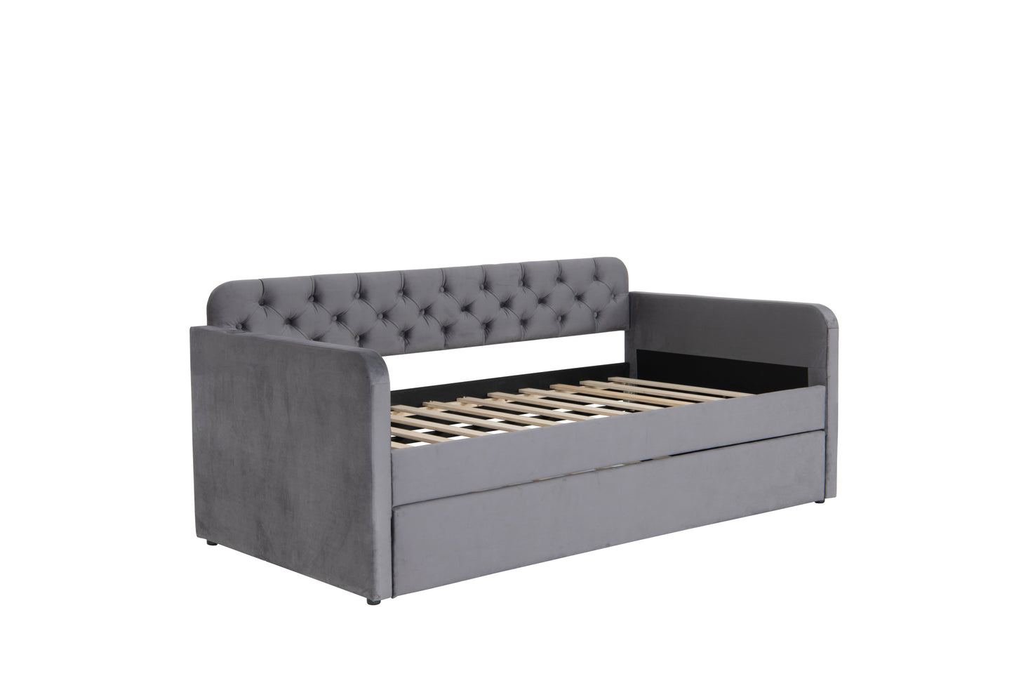 Twin Size Upholstered Daybed with Trundle and USB Charging Design, Velvet Upholstered Daybed Frame, Twin Sofa Bed for Living Room Bedroom, No Box Spring Needed,Plush velvet fabric dark grey 18#