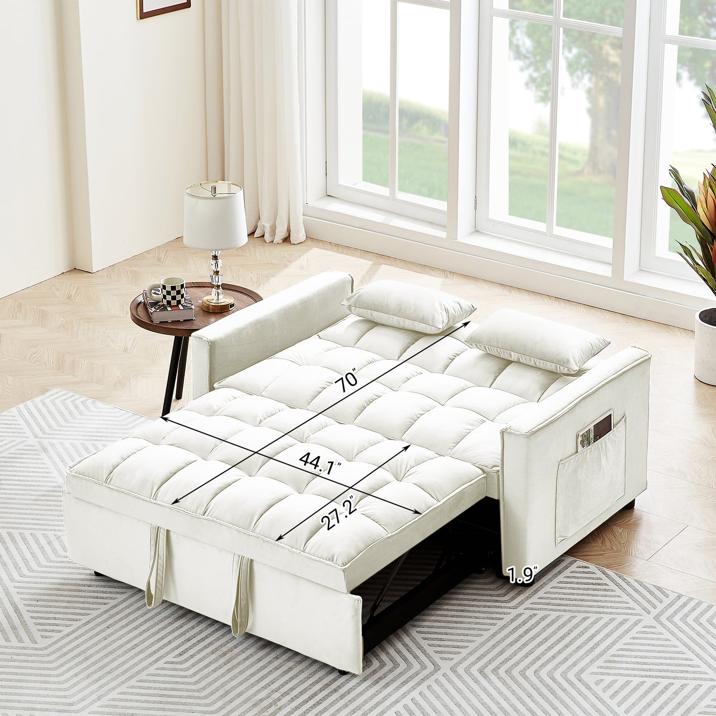 Sleeper Sofa Couch w/Pull Out Bed, 55" Modern Velvet Convertible Sleeper Sofa Bed, Small Love seat Sofa Bed w/Pillows & Side Pockets for Small Space, Living Room, Apartment, Cream White