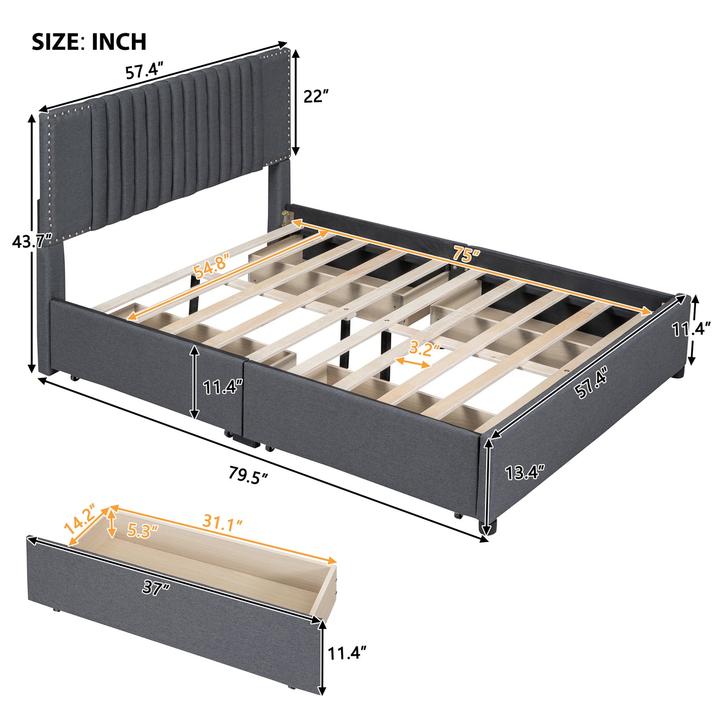 Full Size Upholstered Platform Bed with Classic Headboard and 4 Drawers, Linen Fabric, Gray