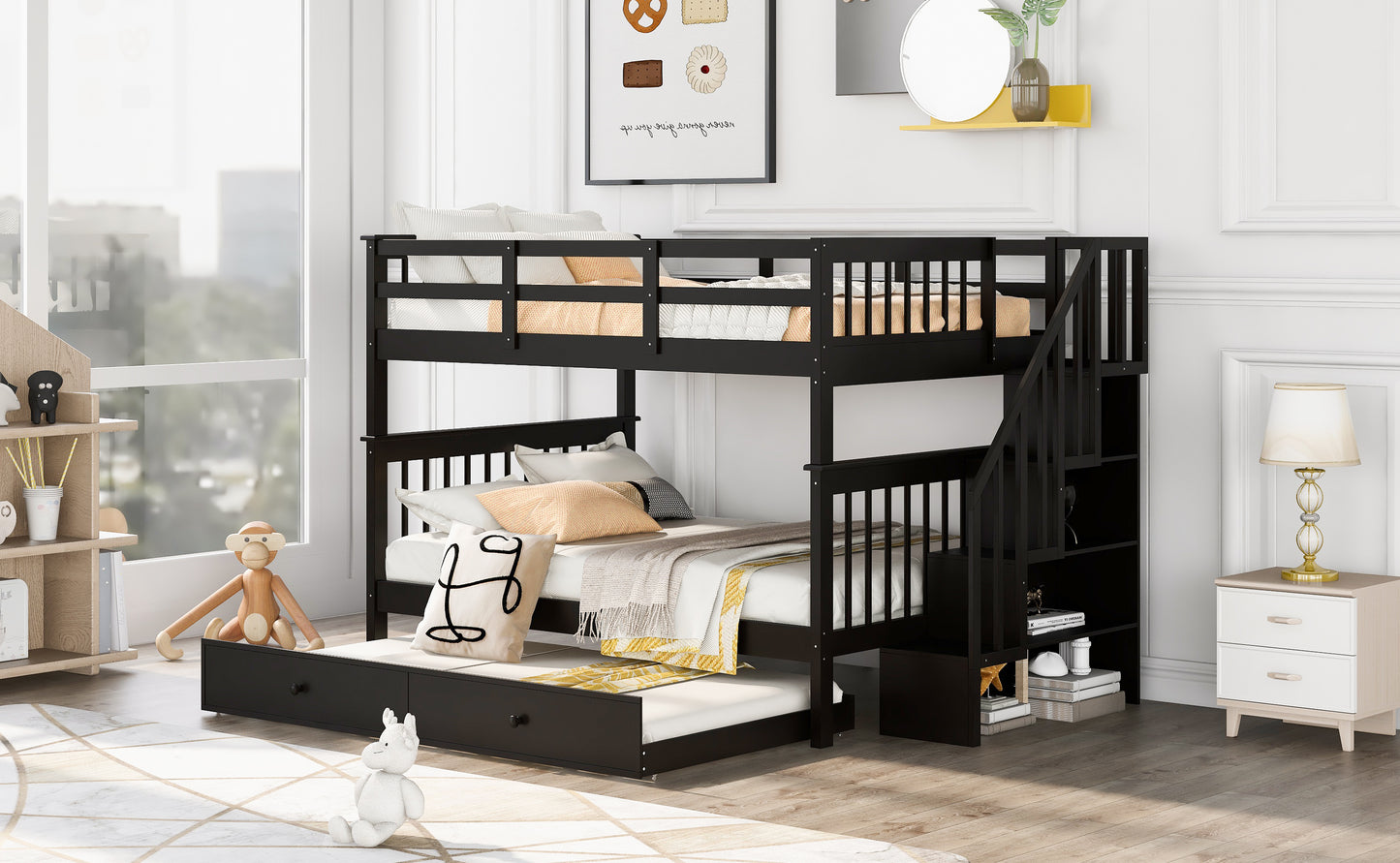 Staircase Full Bunk Bed with Twin Trundle and Storage - Espresso