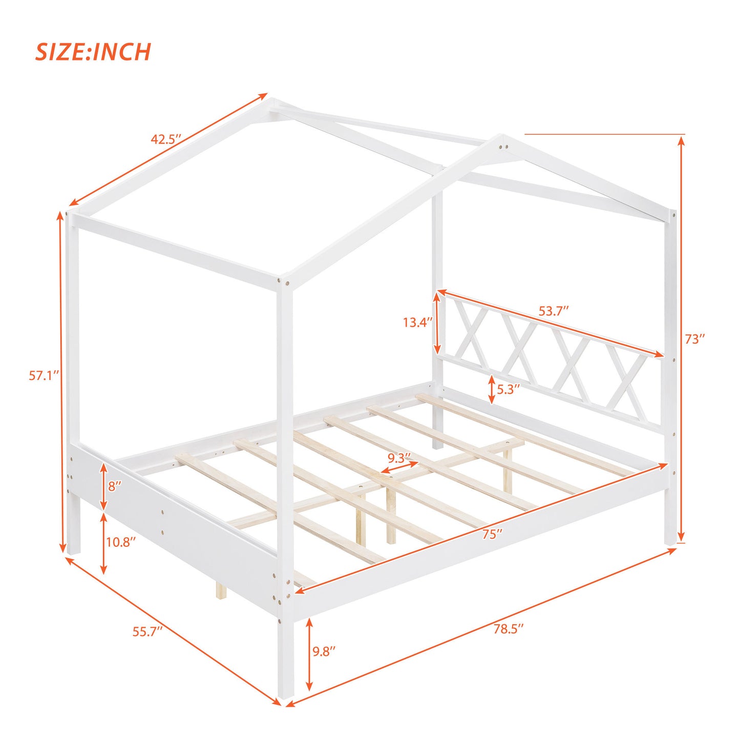 Full Size Wood House Bed with Storage Space, White