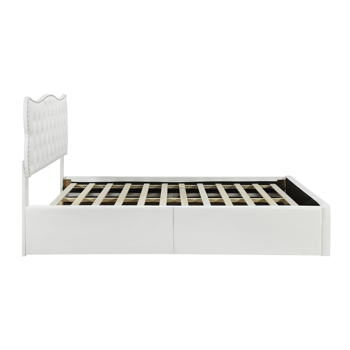 Full Size Bed Frame with 4 Storage Drawers,Leather Upholstered Platform Heavy Duty Bed,Wood Slat Support,White