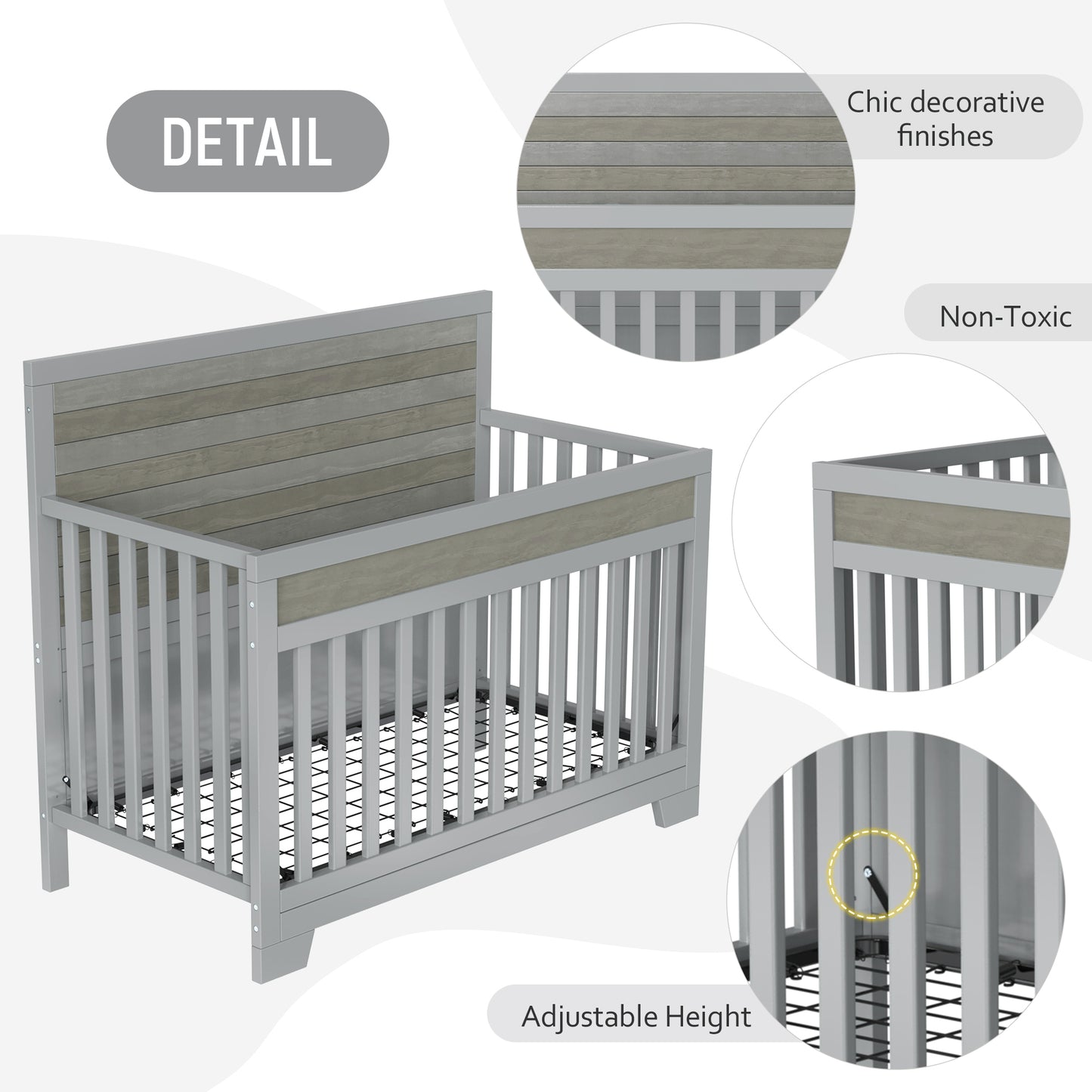 Certified Baby Safe Crib, Pine Solid Wood, Non-Toxic Finish, Gray