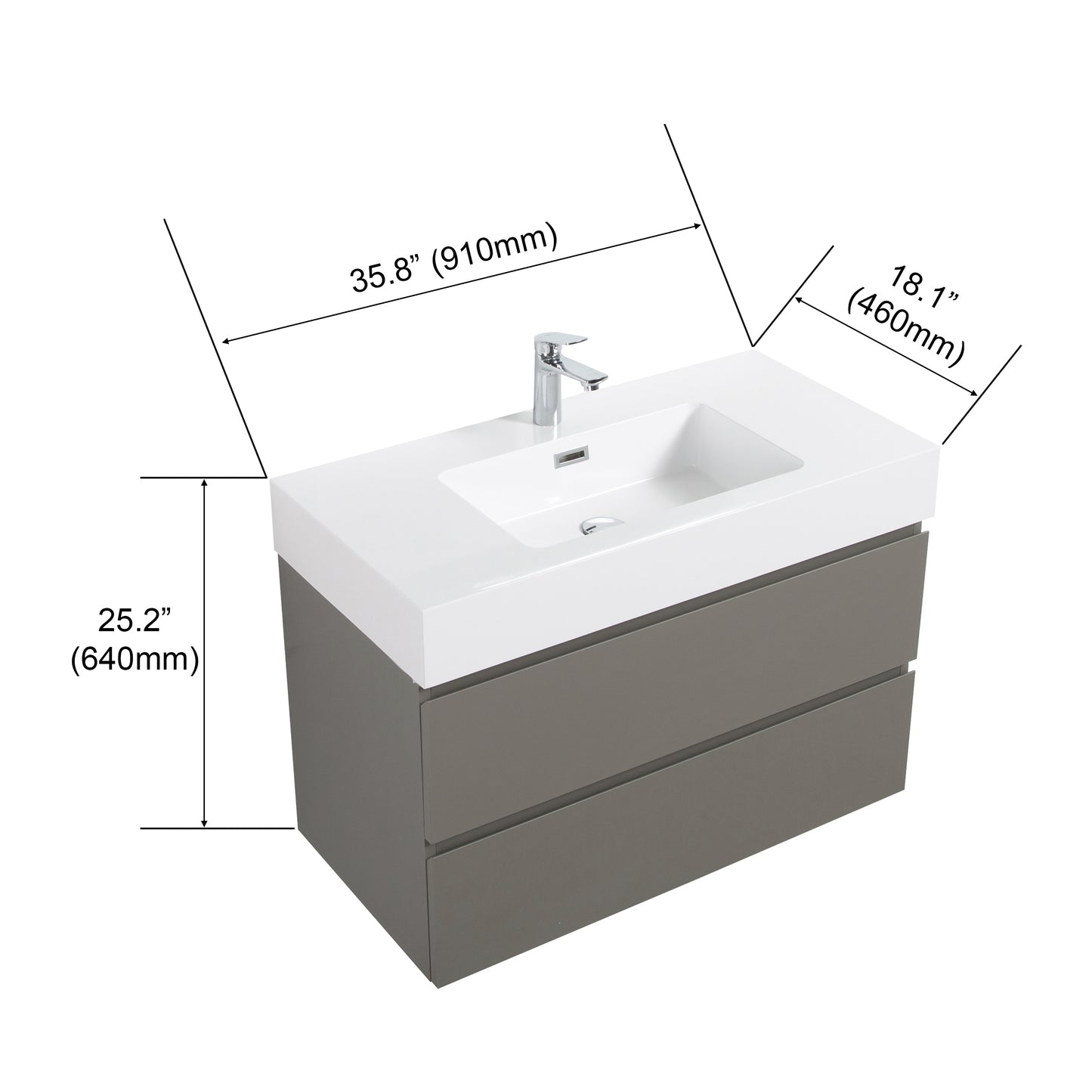 Alice 36" Gray Bathroom Vanity with Sink, Large Storage Wall Mounted Floating Bathroom Vanity for Modern Bathroom, One-Piece White Sink Basin without Drain and Faucet