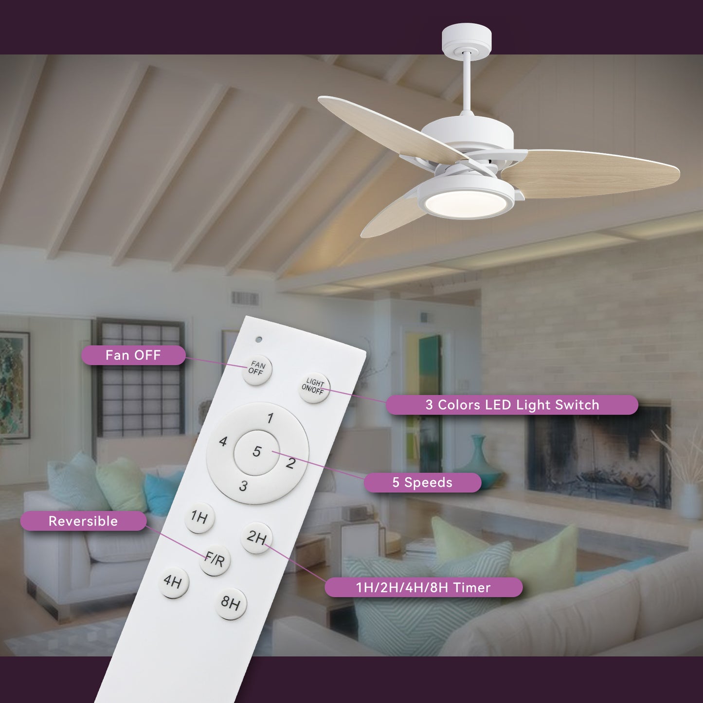 52-Inch Light Wood Ceiling Fan with Remote Control and LED Lighting