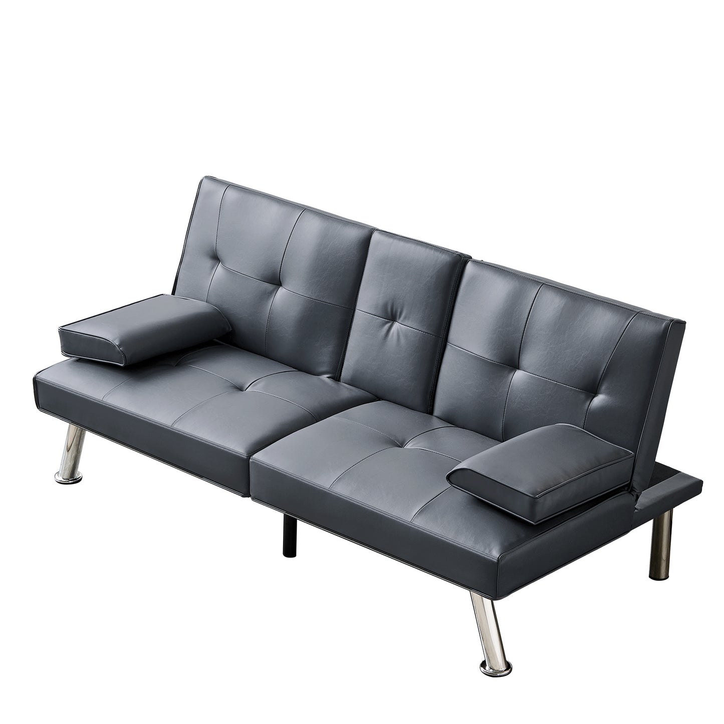 Convertible Sofa Bed Adjustable Couch Sleeper Modern Faux Leather Recliner Reversible Loveseat Folding Daybed Guest Bed, Removable Armrests, Cup Holders, 3 Angles, , Gray