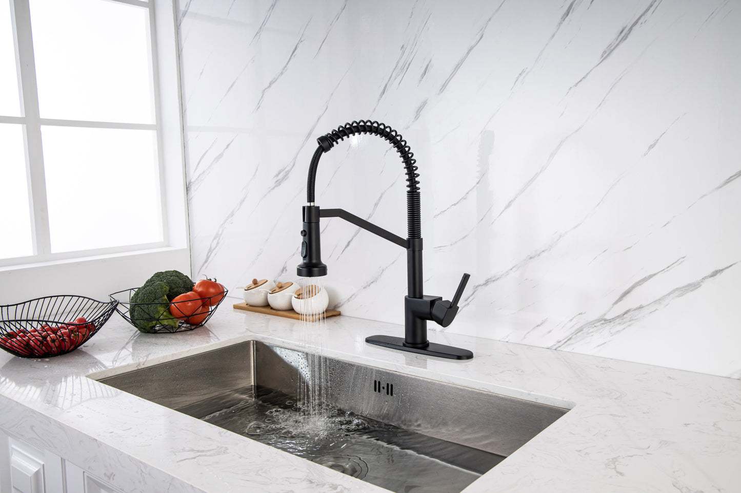 Kitchen Faucet, Kitchen Faucets with Pull Down Sprayer WEWE Sus304 Stainless Steel Matte Black Industrial Single Handle One Hole Or 3 Hole Faucet for Farmhouse Camper Laundry Utility Rv Wet Bar Sinks