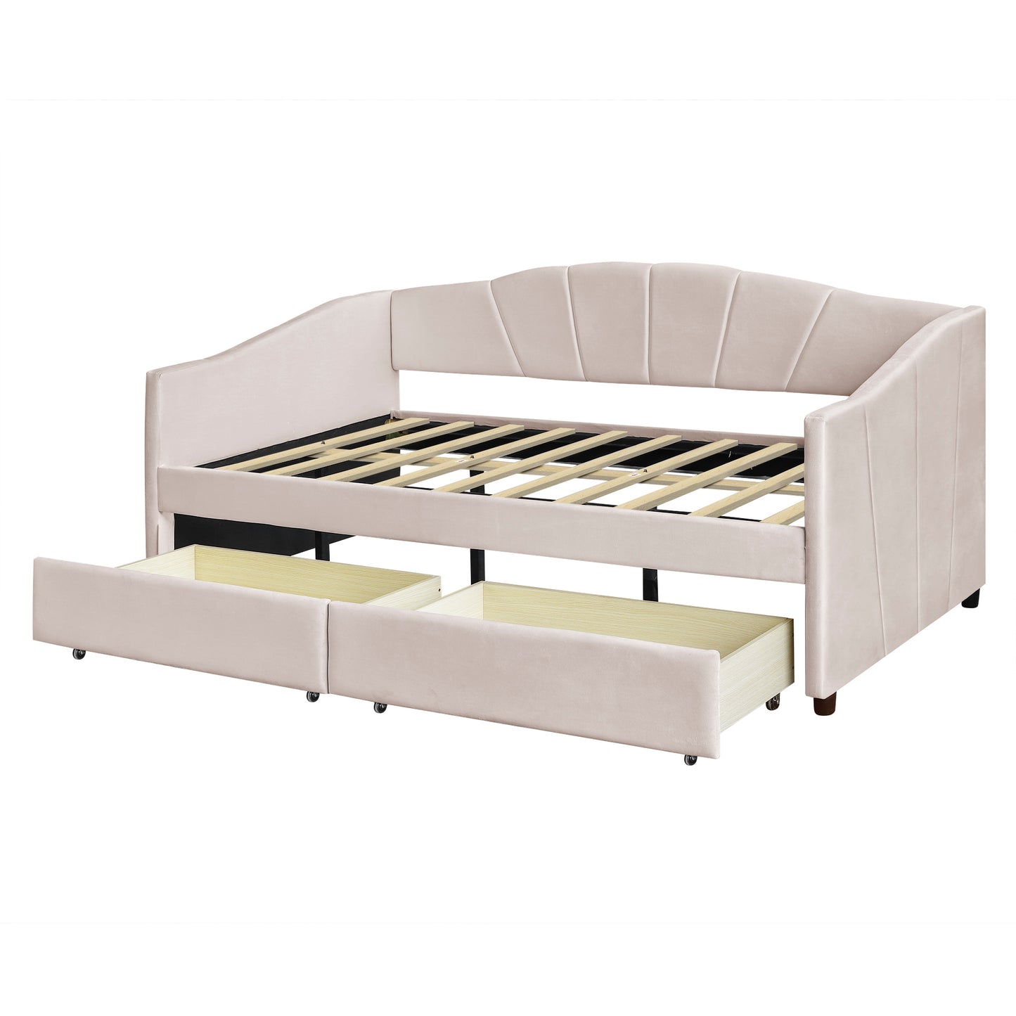 Upholstered daybed Twin Size with Two Drawers and Wood Slat  ,Beige