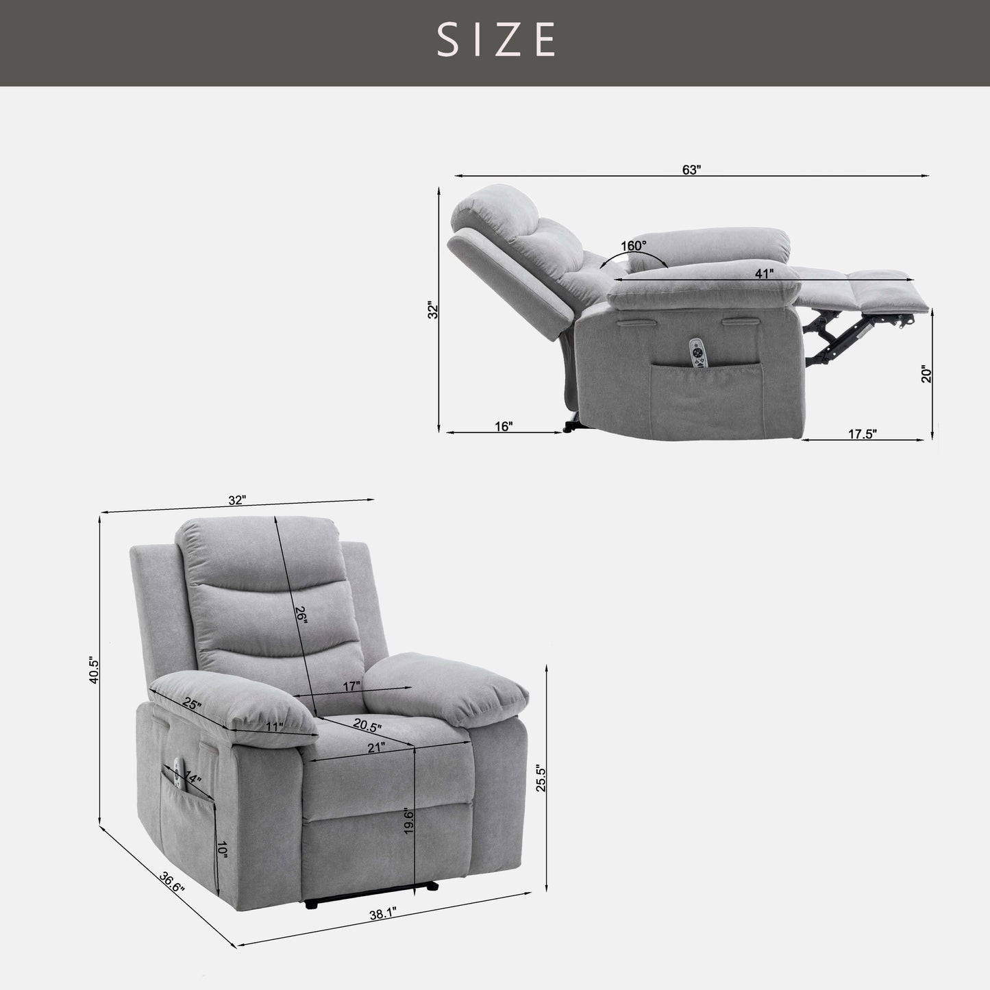 Adjustable Massage Power Recliner Chair with Heating System - Light Gray