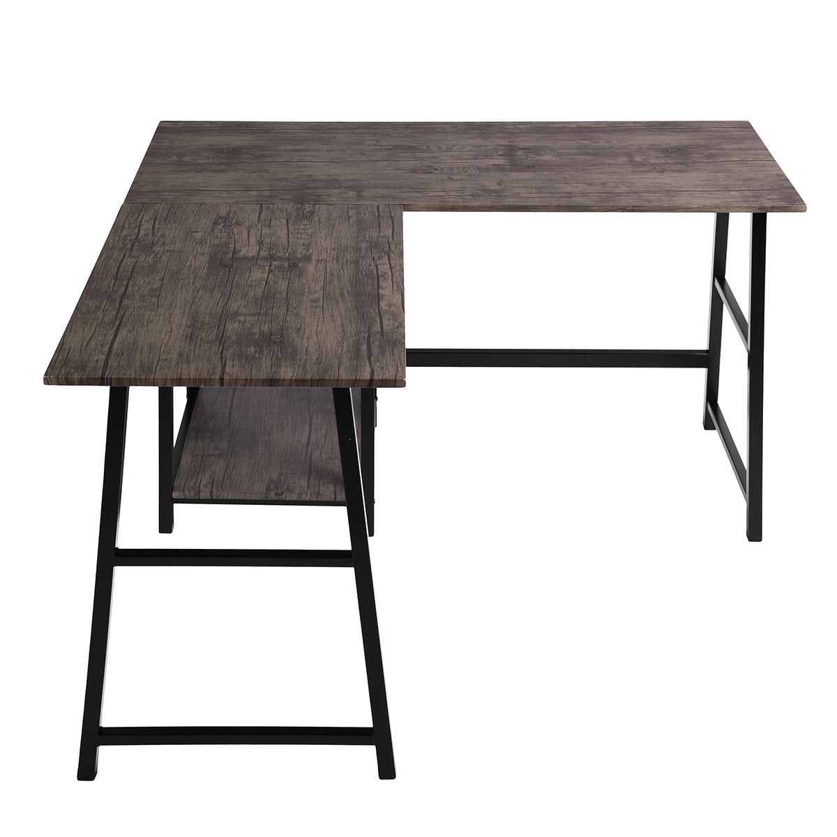 Rustic Vintage Brown L-Shaped Industrial Computer Desk with Open Shelves