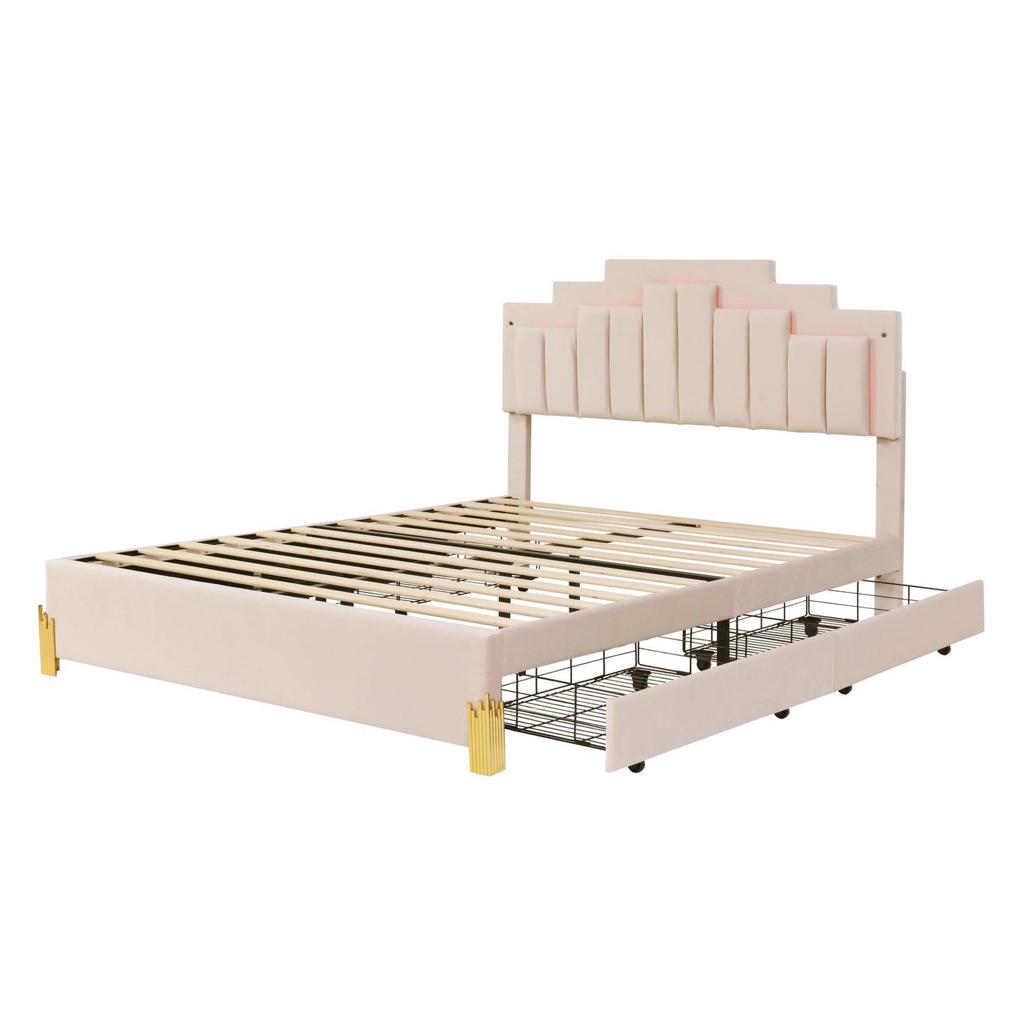 Queen Size Upholstered Platform Bed with LED Lights and 4 Drawers, Stylish Irregular Metal Bed Legs Design, Beige