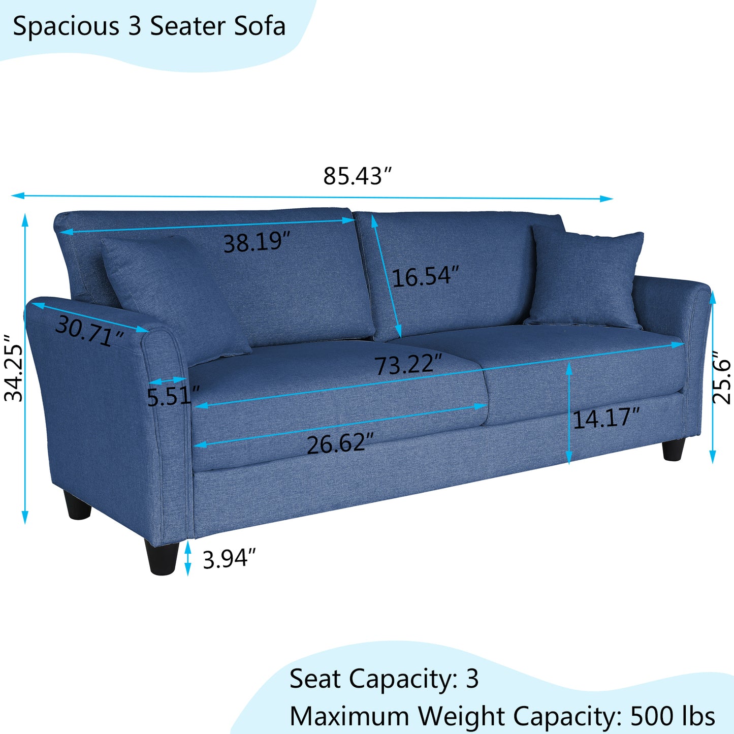 Blue Linen 3-Seat Sofa