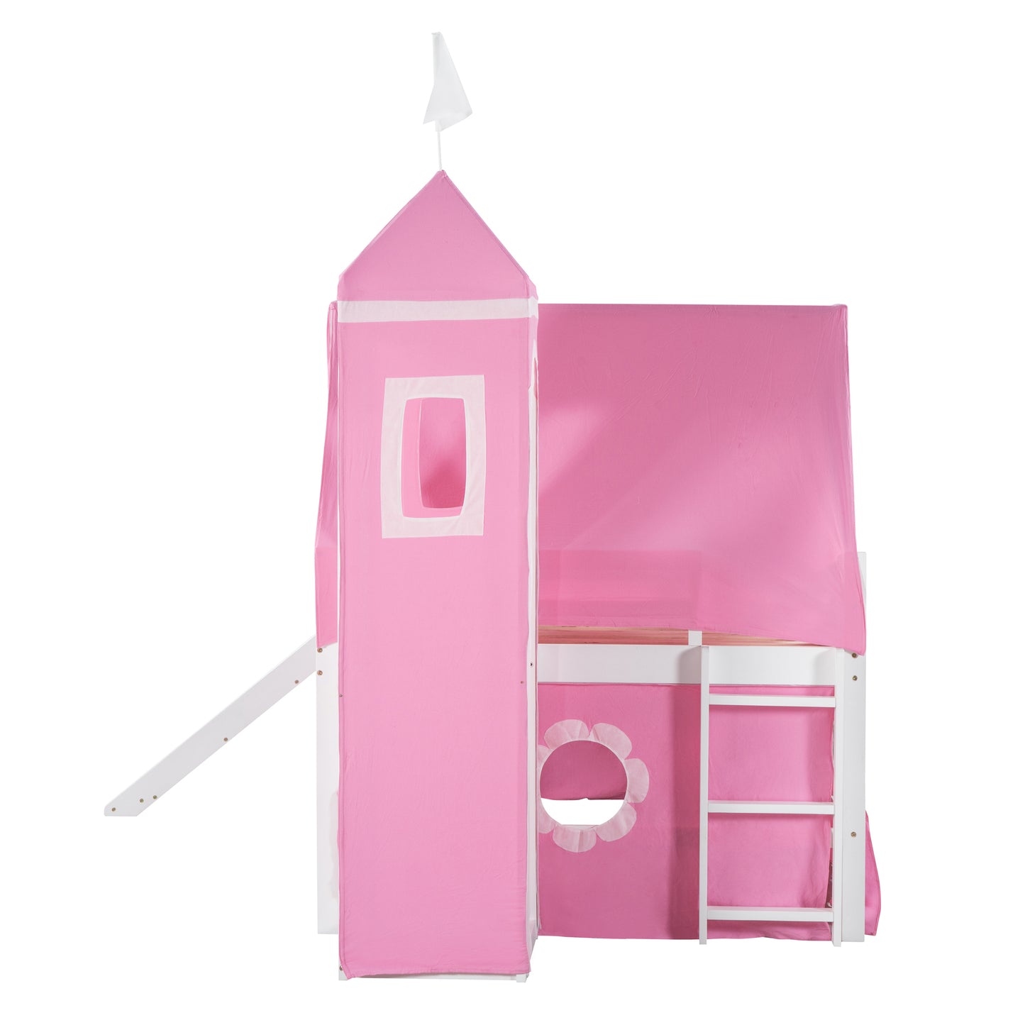 Pink Castle Loft Full Size Bunk Bed with Slide, Tent, and Tower - Enchanting Pink Castle Loft Bed with Slide, Tent, and Tower