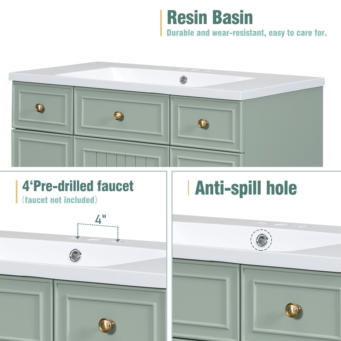 36" Bathroom Vanity Cabinet with Sink Top Combo Set, Green, Single Sink, Shaker Cabinet with Soft Closing Door and Drawer