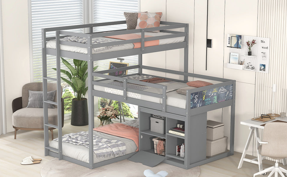 Gray L-shaped Triple Bunk Bed with Storage and Blackboard