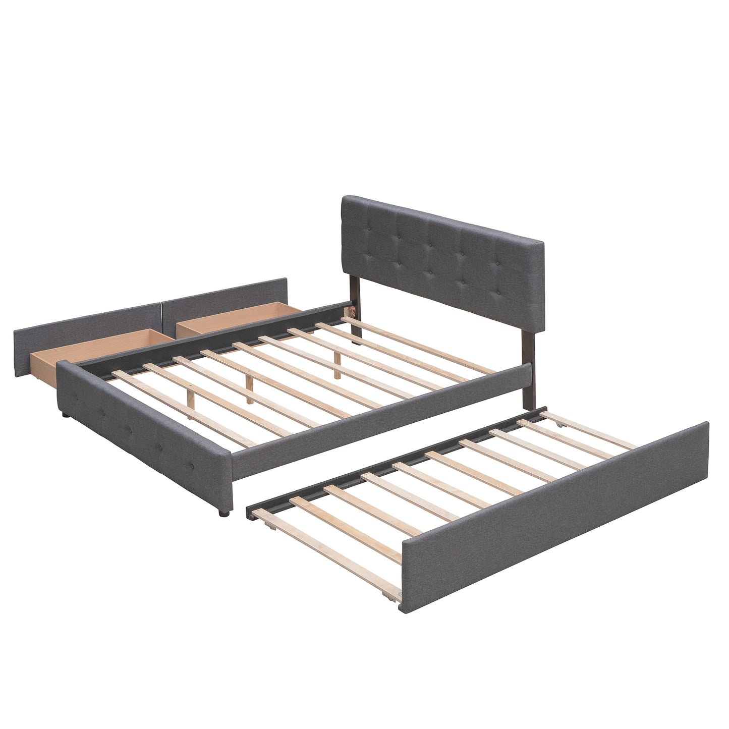 Upholstered Platform Bed with 2 Drawers and 1 Twin XL Trundle,  Linen Fabric, Queen Size - Dark Gray