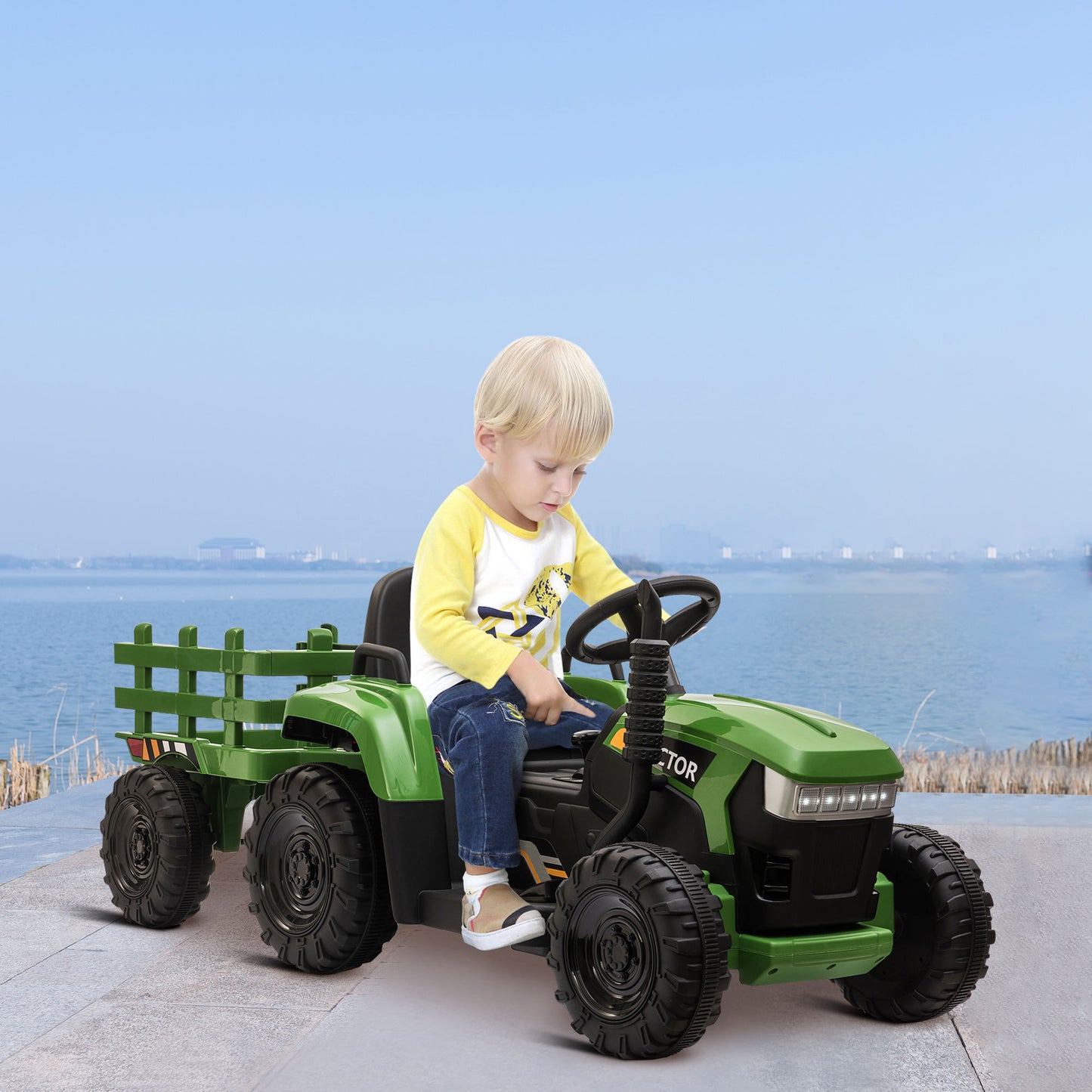 12V Kids Dark Green Ride-On Tractor with Trailer, Music, LED Lights, and USB