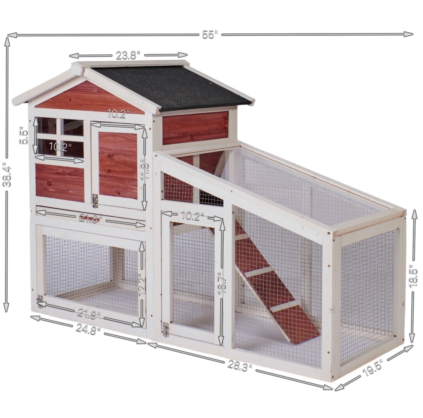 Rabbit Hutch Indoor Outdoor, Wooden Chicken Coop, Bunny Cage Hen House with Run, Ventilation Door, Removable Tray, Ramp, Sunlight Panel, Backyard Garden Animals Pet Cage Auburn