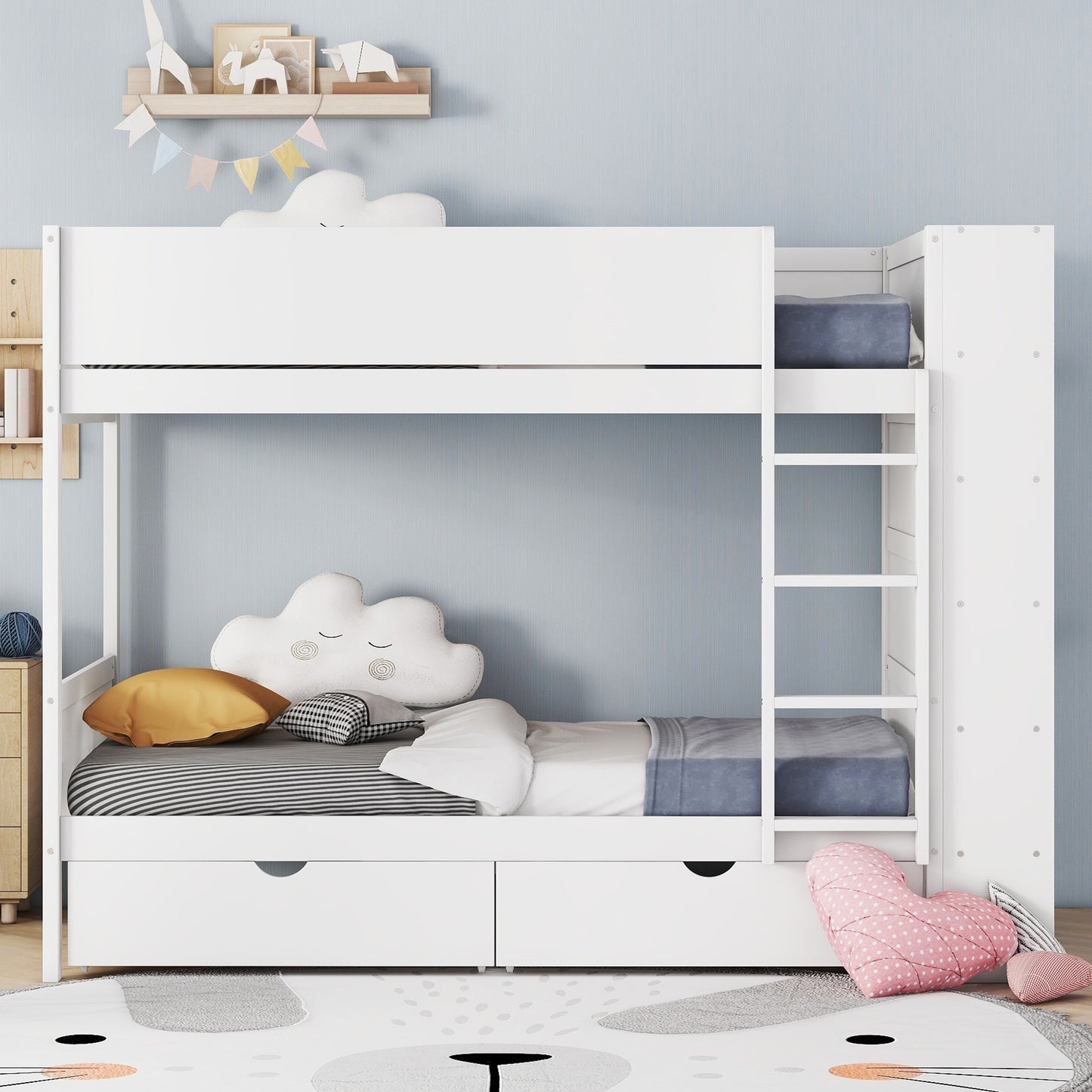 White Bunk Bed with Storage Drawers and Cabinet for Twin Size