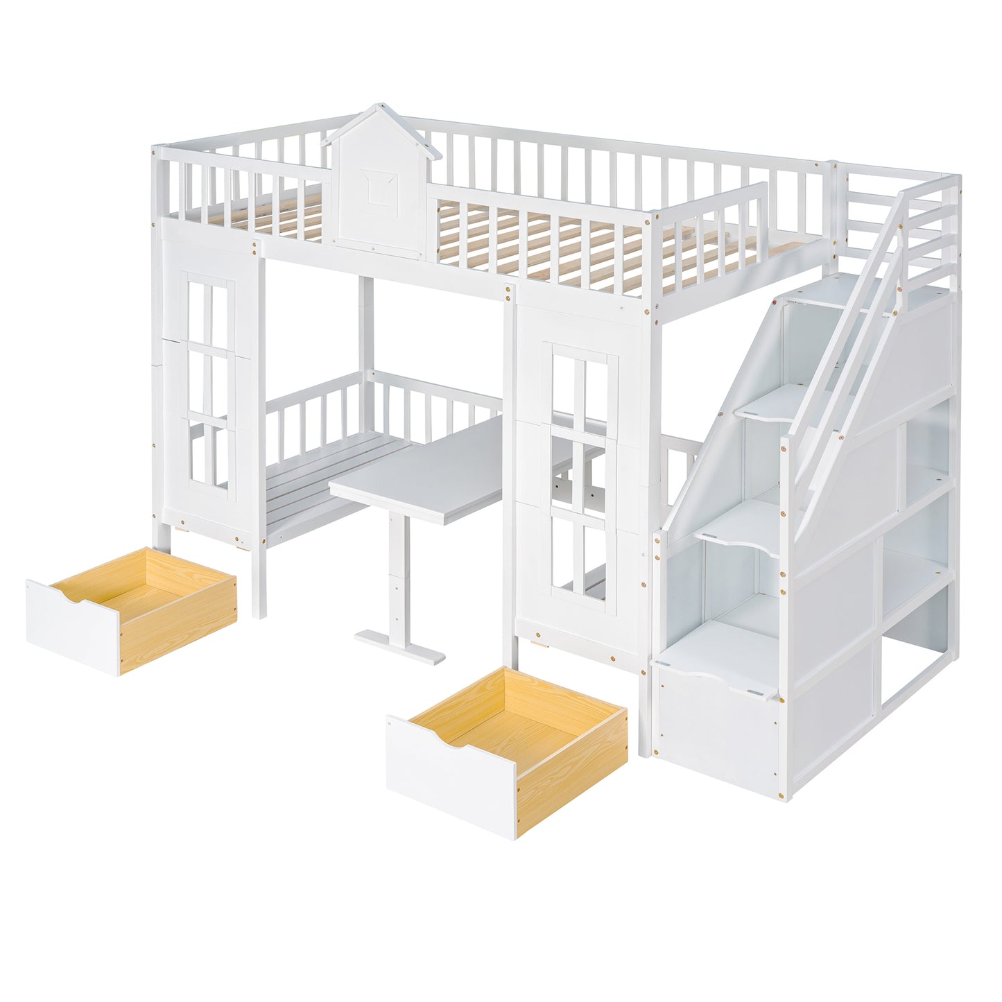 Convertible Twin Bunk Bed with Changeable Table - White - Versatile & Stylish Twin Over Twin Loft Bed