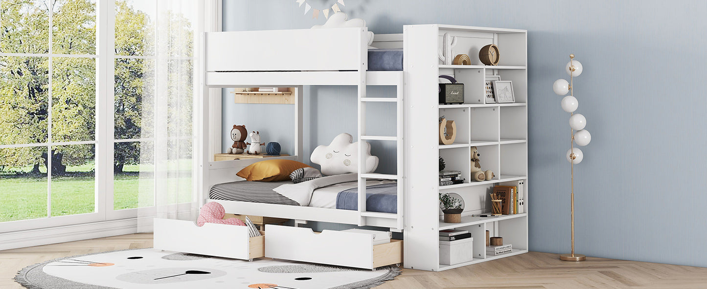 White Bunk Bed with Storage Drawers and Cabinet for Twin Size