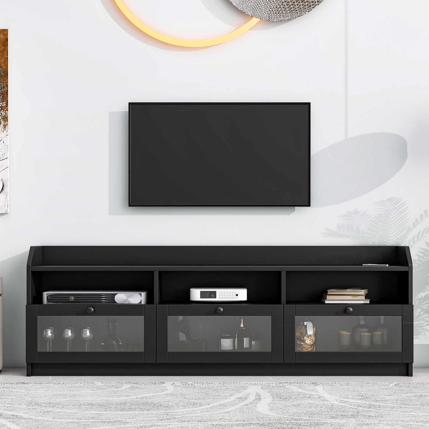 Sophisticated Black TV Stand with Acrylic Board Door and Generous Storage Space for TVs Up to 65