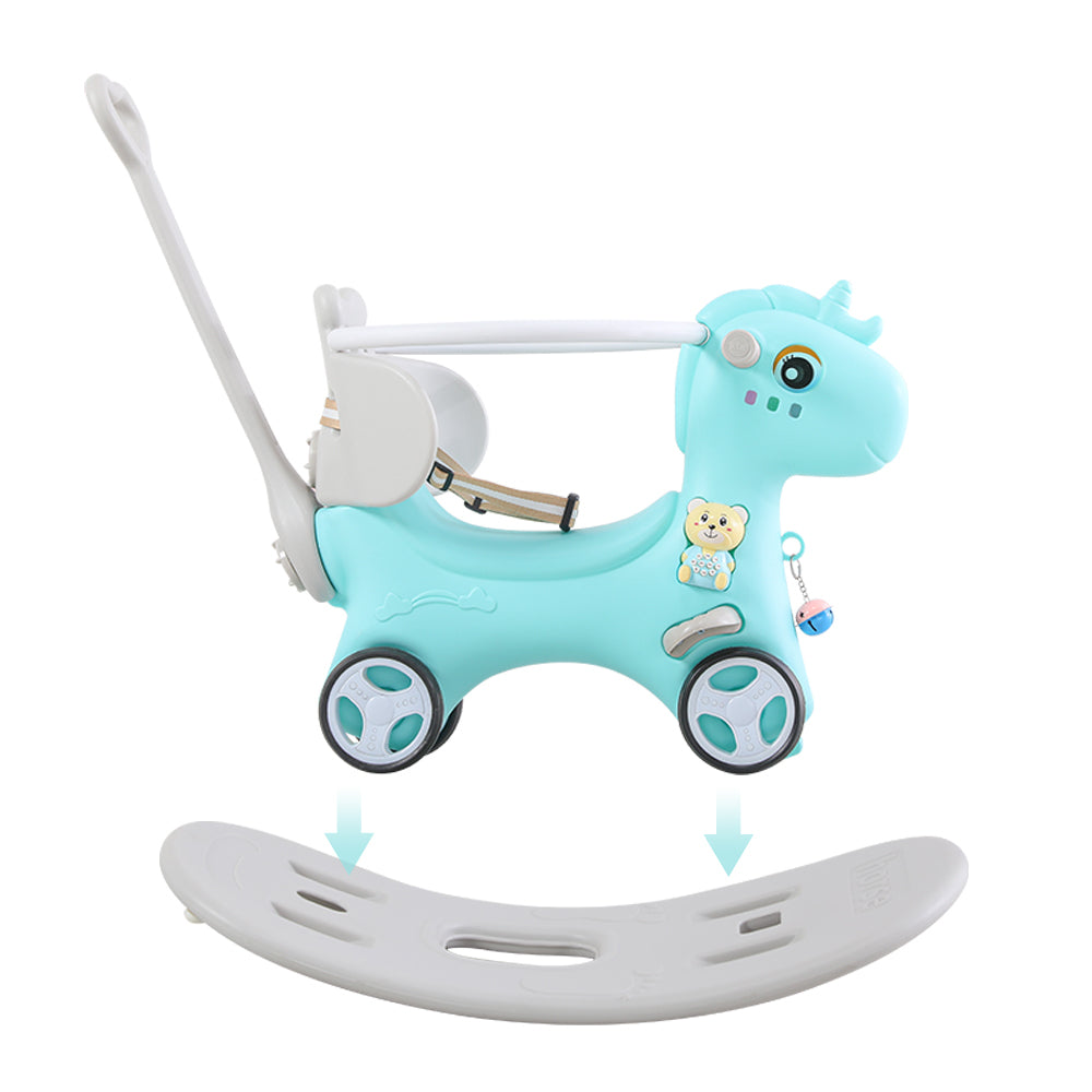 Blue Unicorn Rocking Horse and Ride-On Toy for Toddlers with Push Handle and Sound Button