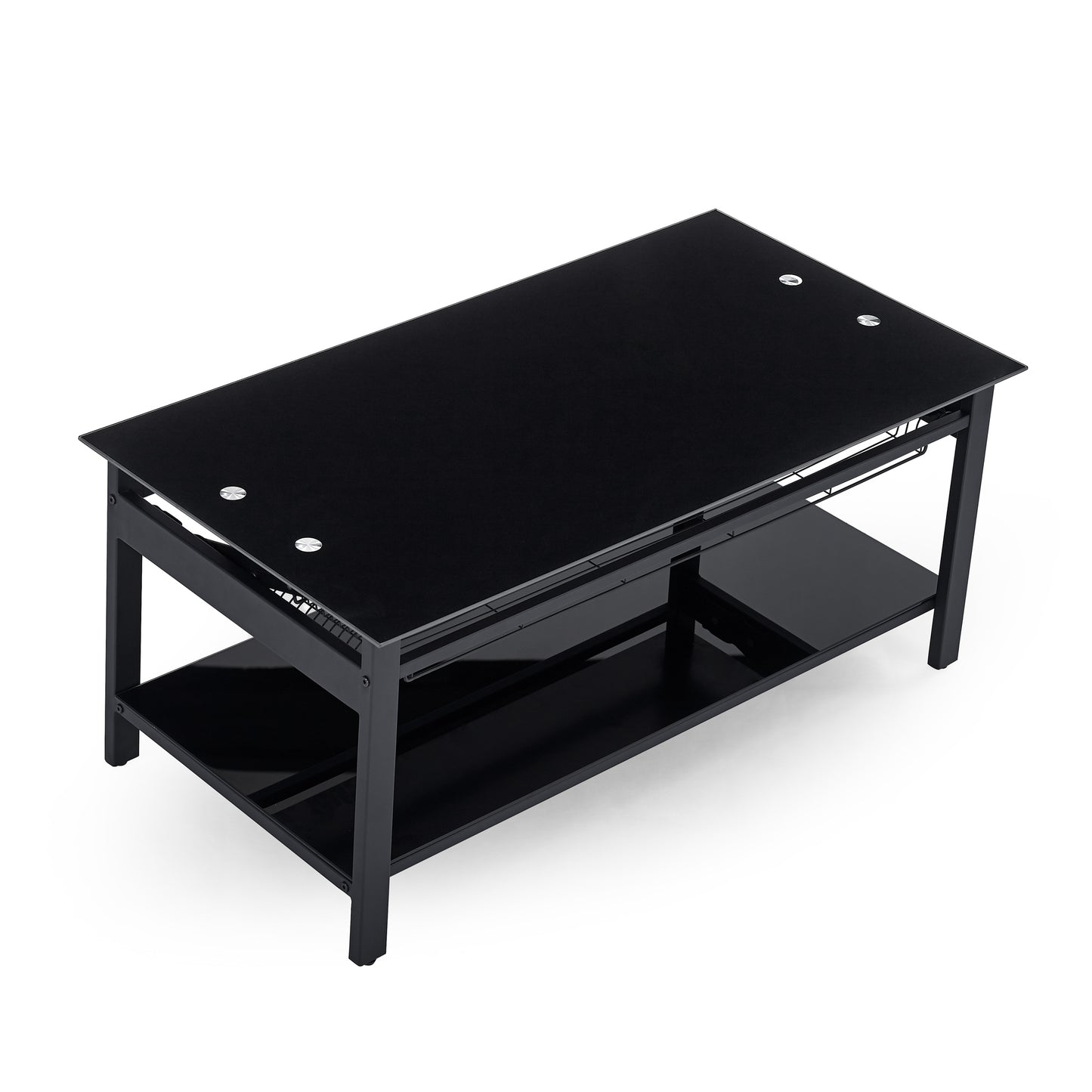 Black Lift Coffee Table with Hidden Storage Shelves and Tempered Glass Top Dining Table