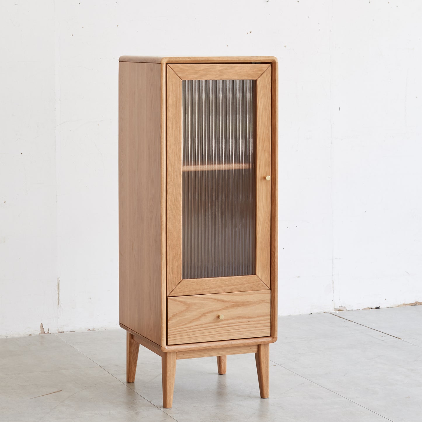 Elegant Oak Wood Corner Cabinet with Vintage Glass Door and Brass Handle