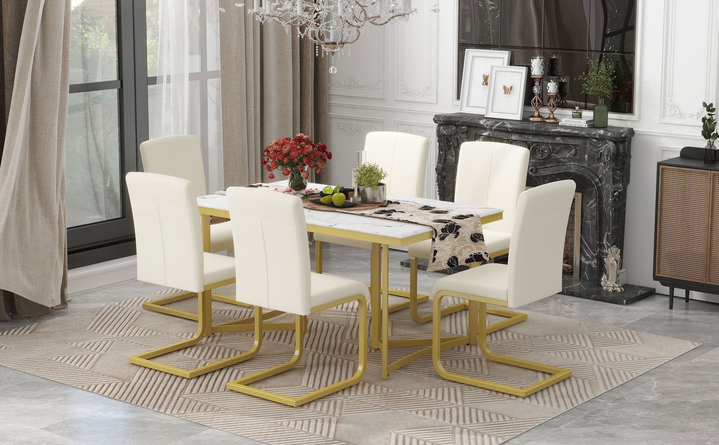 TREXM 7-Piece Modern Dining Table Set, Rectangular Marble Sticker Table and 6 PU Leather Chairs with Golden Steel Pipe Legs for Dining Room and Kitchen (White)