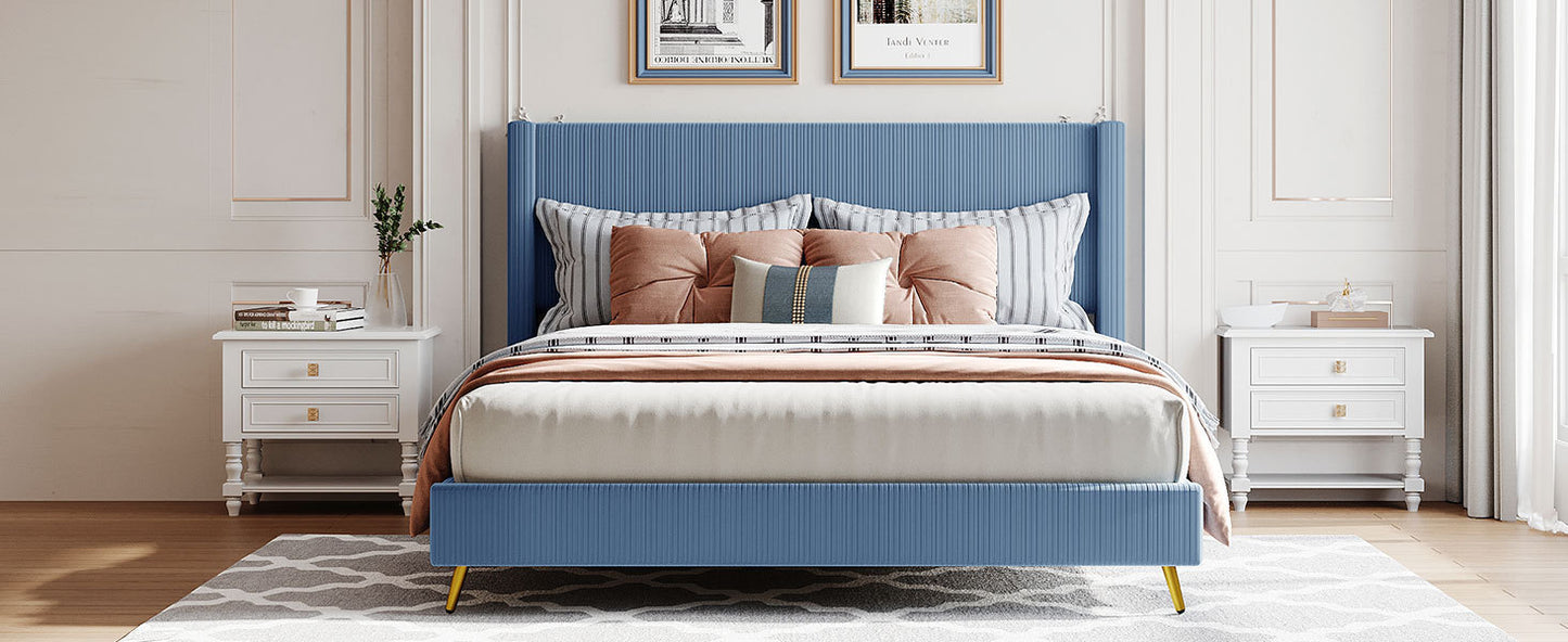 Queen Size Corduroy Platform Bed with Metal Legs, Blue