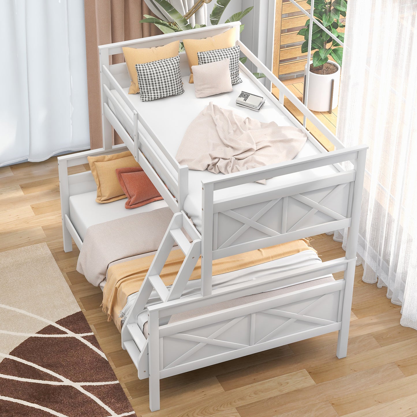 Elegant White Twin over Full Bunk Bed with Safety Guardrail and Ladder