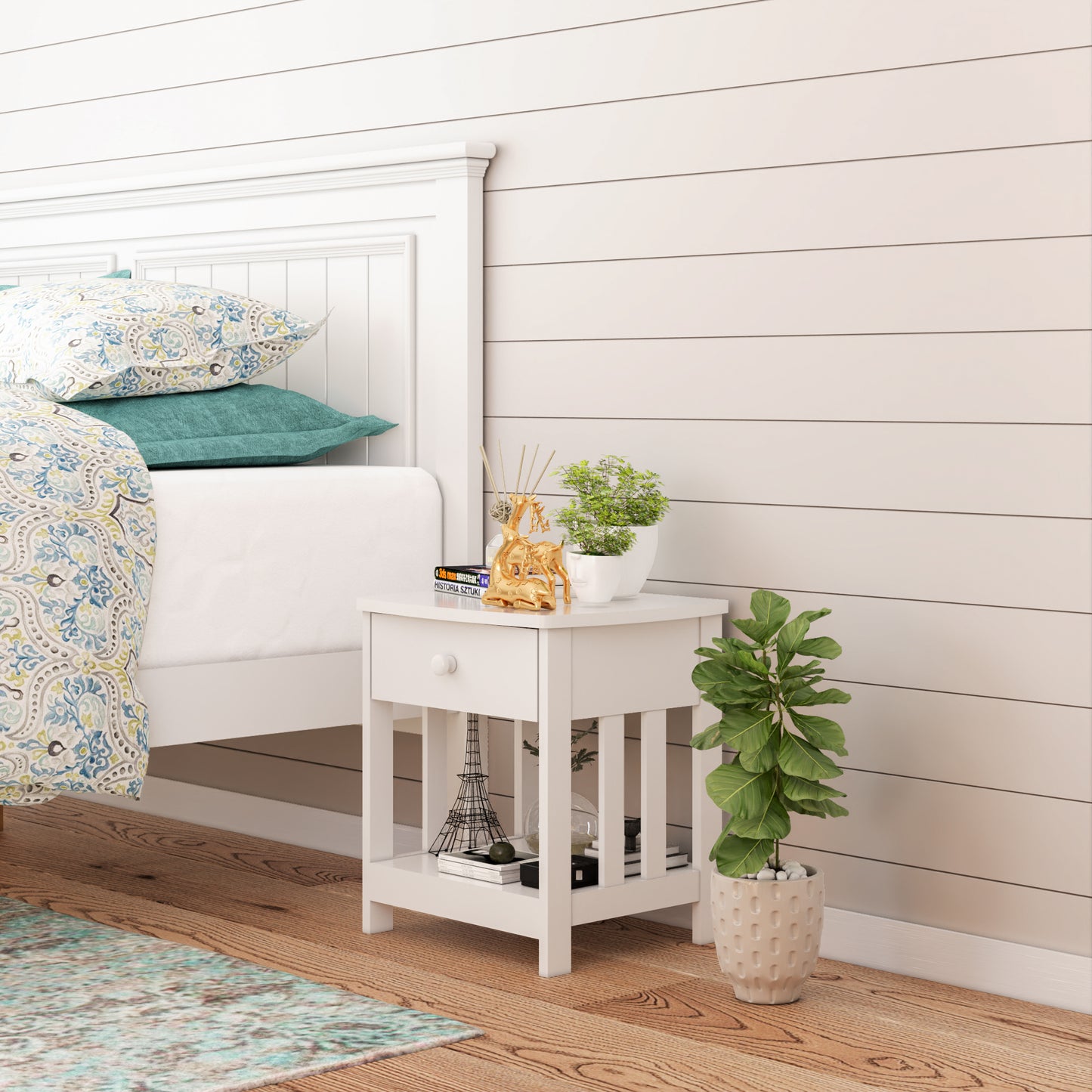 Mission Side Table, 1 Drawer Bedside Table with A Shelve Solid Wood Structure In White Paint Spray, Wooden Nightstand For Bedroom End Table For Living Room, Small Table- White