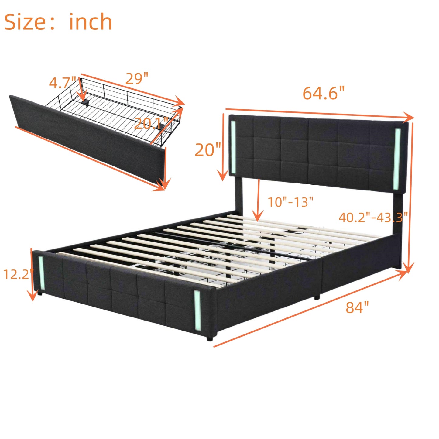 Queen Size Upholstered Platform Bed with LED Lights and USB Charging, Storage Bed with 4 Drawers, Gray(Linen)