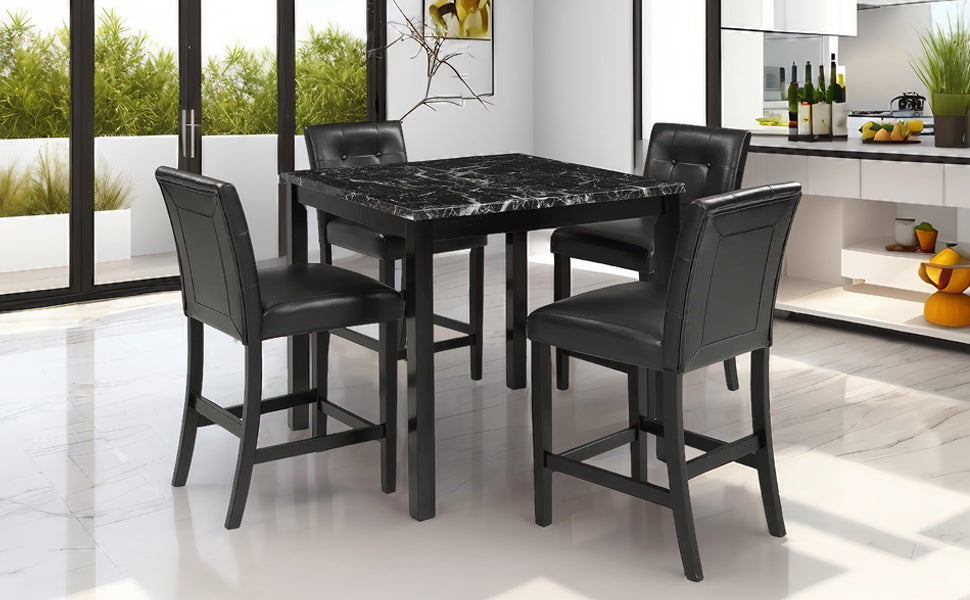 5-Piece Kitchen Table Set Faux Marble Top Counter Height Dining Table Set with 4 PU Leather-Upholstered Chairs, Black