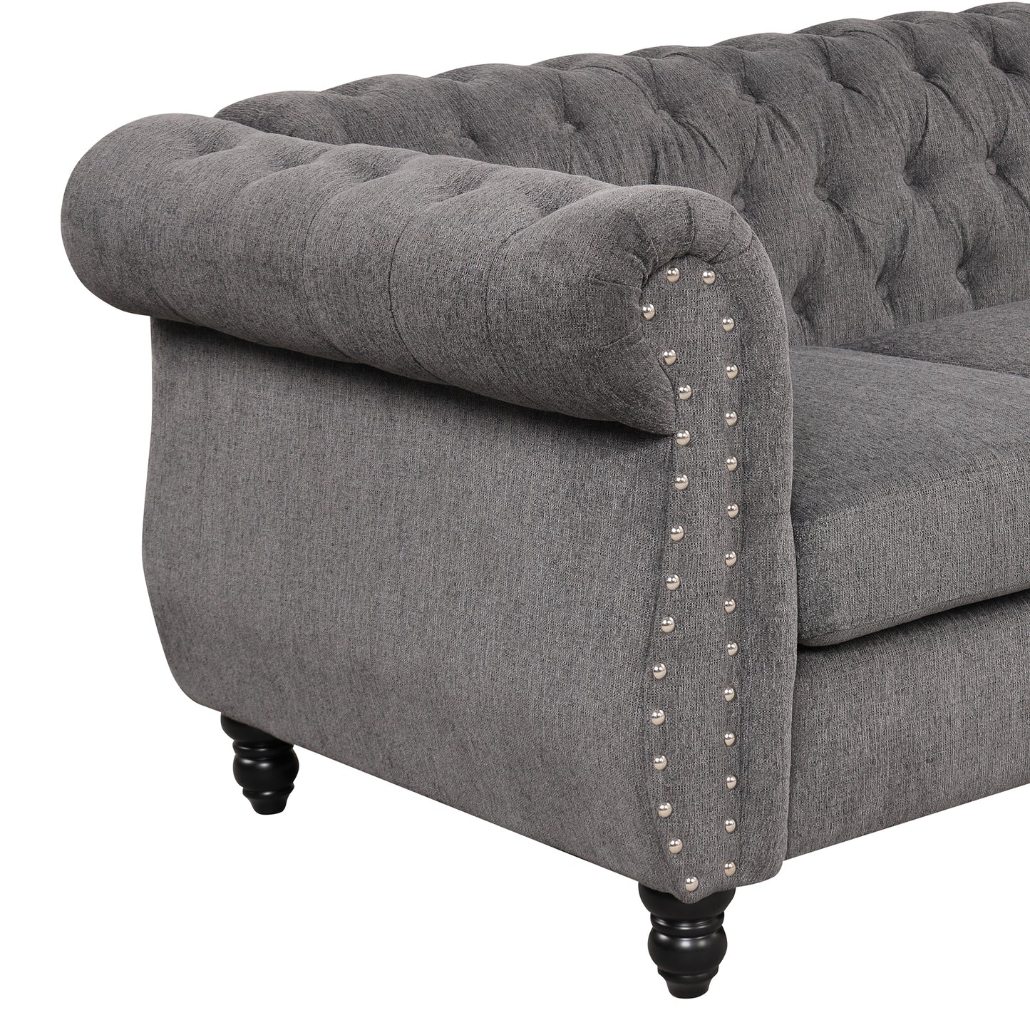 Modern Gray Plush Upholstered 60 Sofa with Buttoned Tufted Backrest and Solid Wood Legs