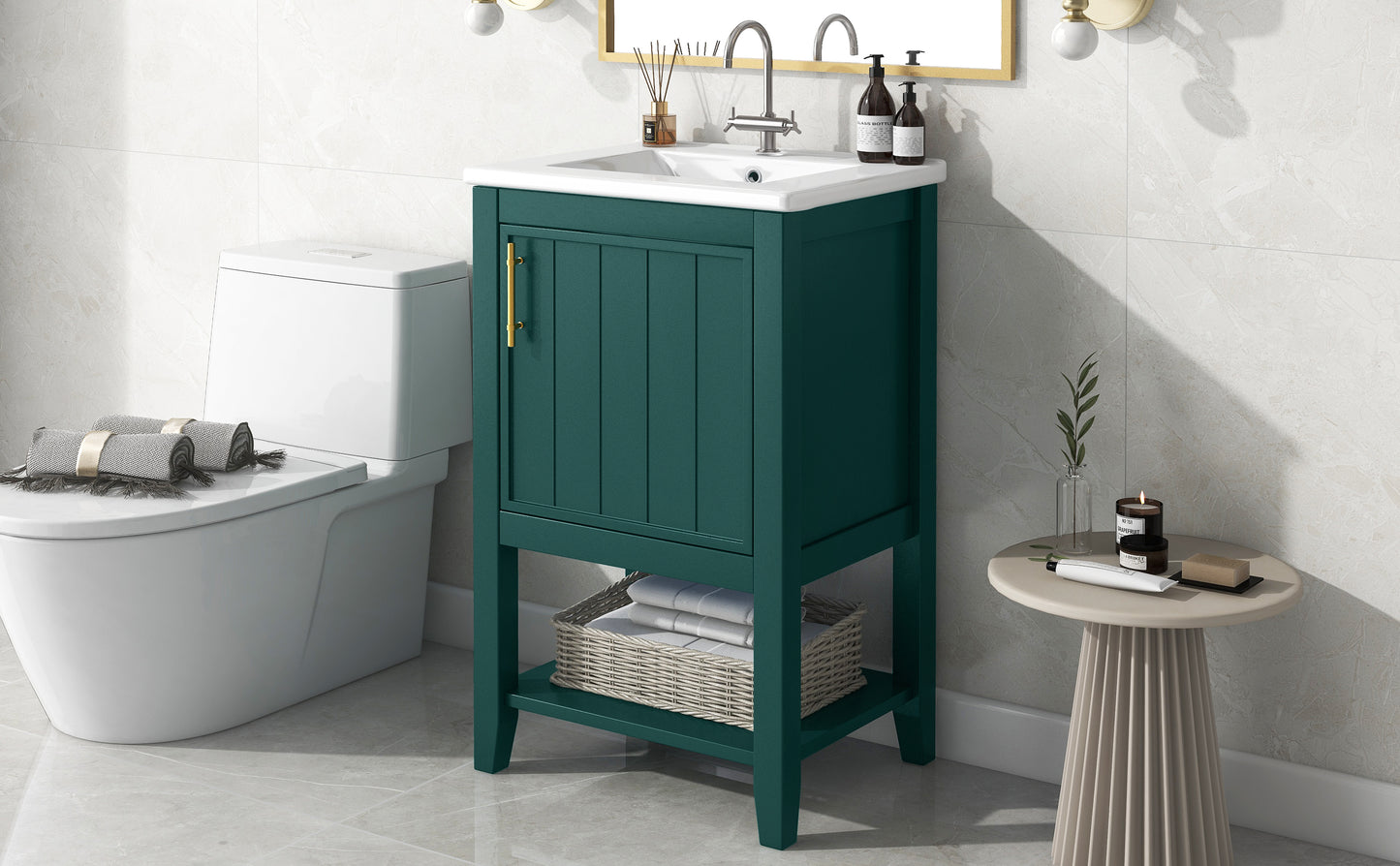 20" Bathroom Vanity with Sink, Bathroom Cabinet with Soft Closing Door, Storage Rack and Open Shelf, Green