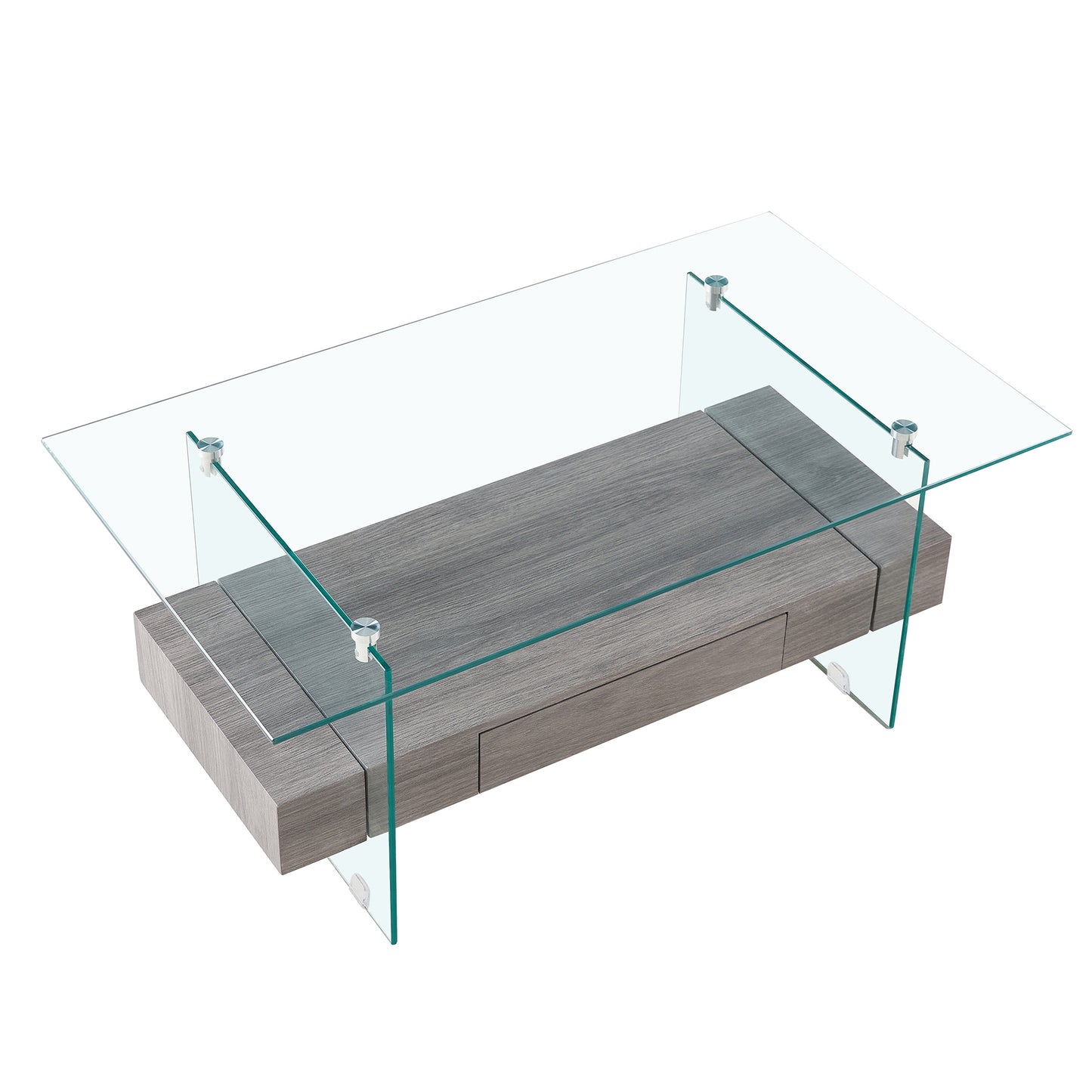 Modern Gray and Transparent Tempered Glass Coffee Table with Storage功能 and Non-Slip Legs