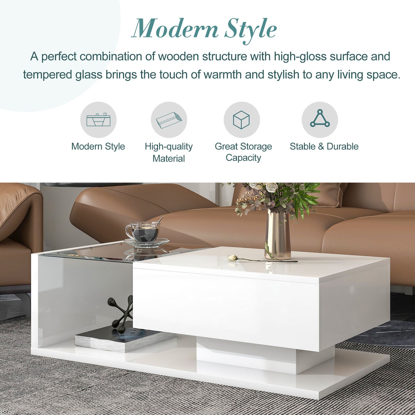 Contemporary White Coffee Table with Glass Top and High-Gloss Finish