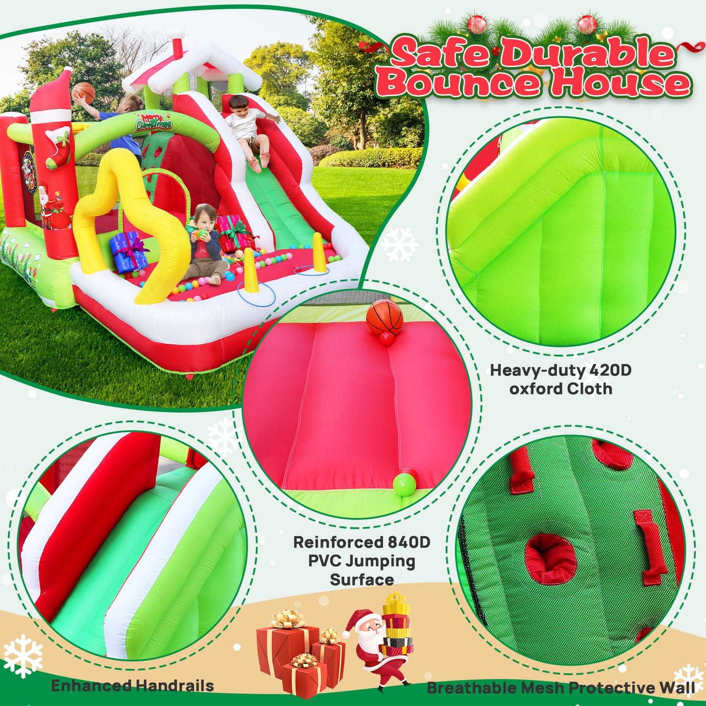 Christmas Joy Inflatable Bouncer with Slide for Kids - Complete Set with Blower