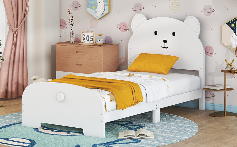 Twin Size Wood Platform Bed with Bear-shaped Headboard and Footboard,White