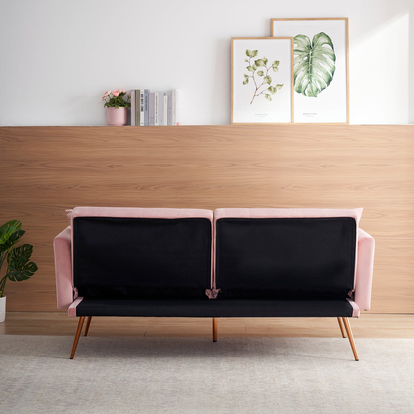 Elegant Pink Velvet Sofa Bed with Nail Head Accents and Throw Pillow