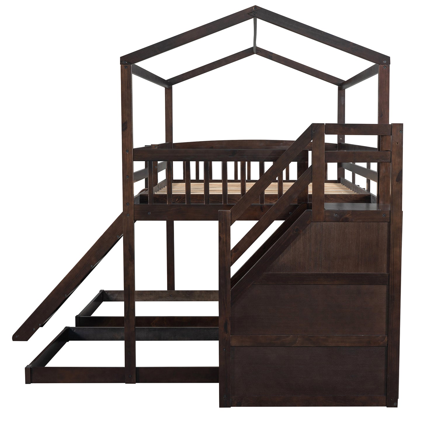 Versatile Full over Twin & Twin Bunk Bed in Espresso with Slide and Storage Staircase