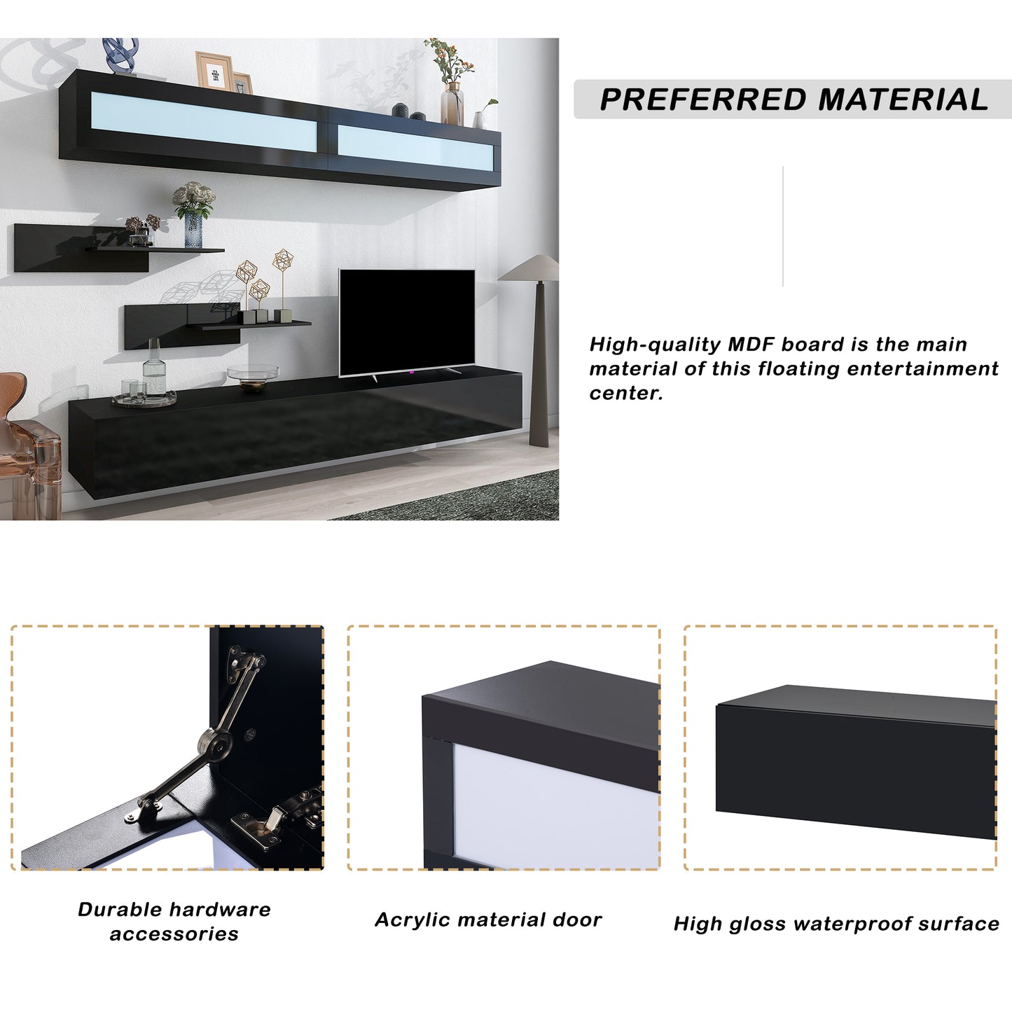 Modern Black Wall Mount Floating TV Stand with LED Lights and Media Storage