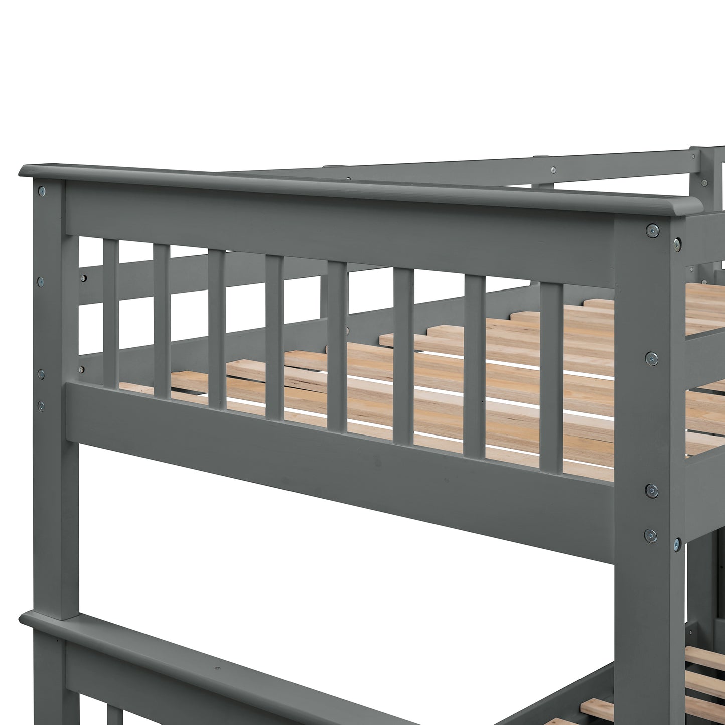 Gray Twin-Over-Full Bunk Bed with Staircase Storage and Safety Rail